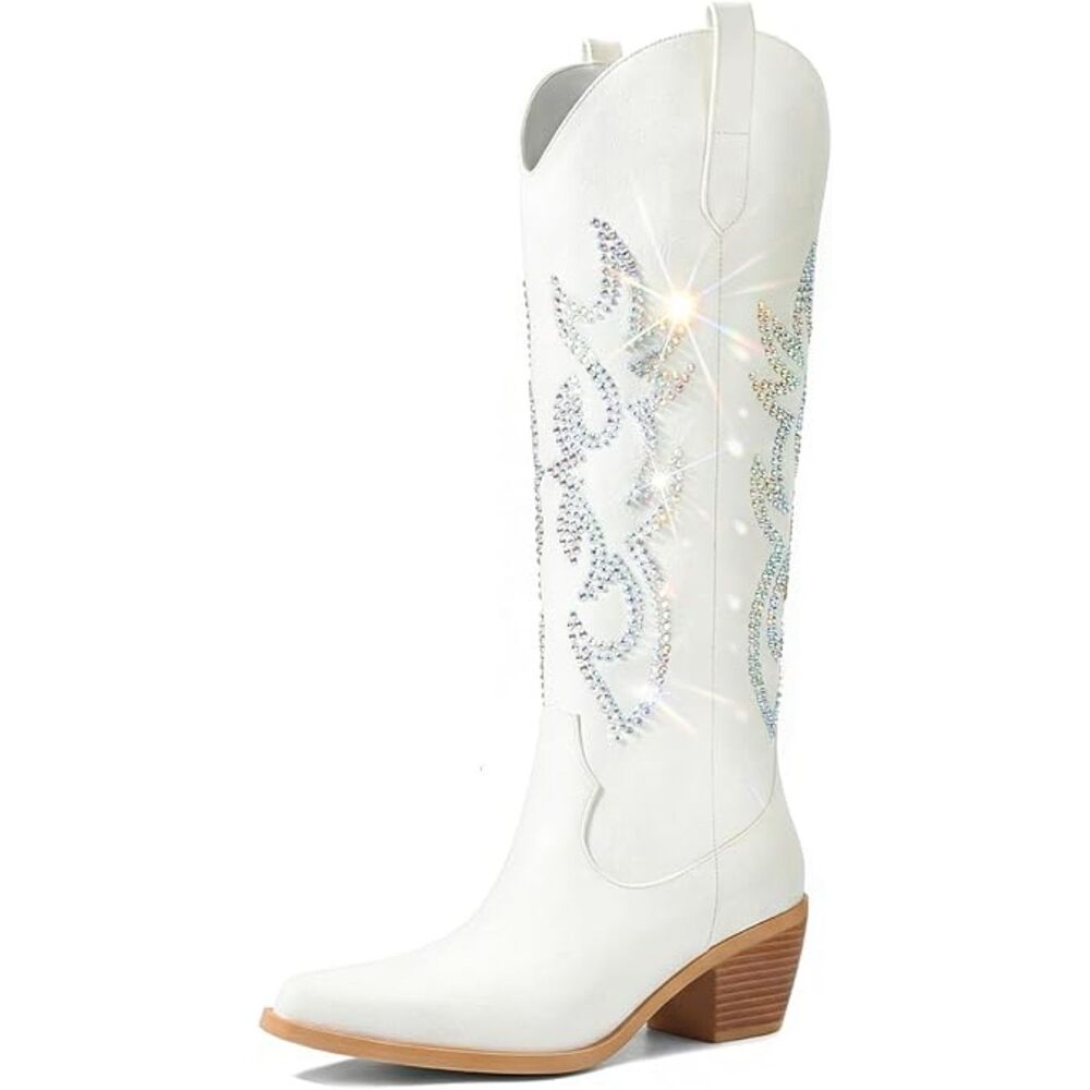 Women's Rhinestone High Wide Calf Slip On Pointed Toe Chunky Heel Cowgirl Boots